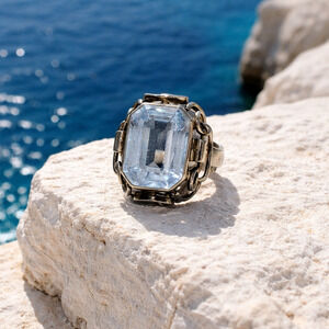 Vintage 835 Silver Blue Topaz Ring Art Deco Style Size 5